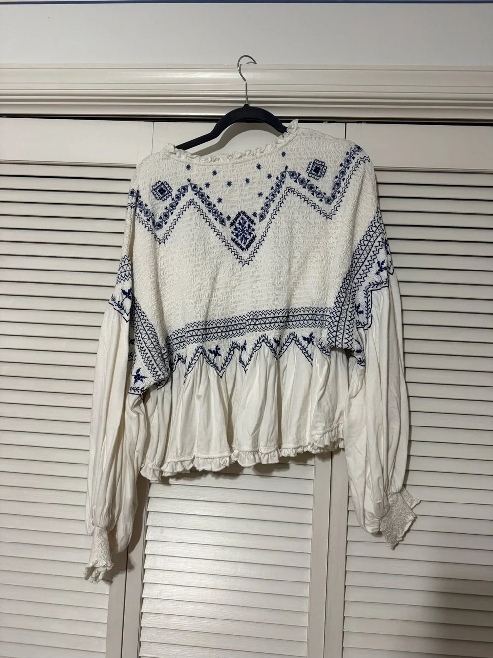 Free people Boho White Peasant Top with blue Embroidery